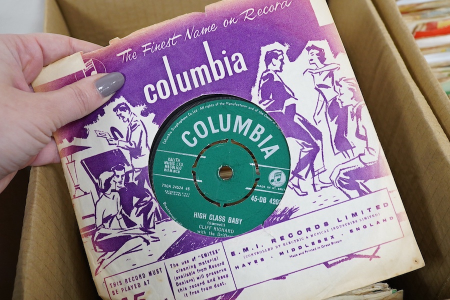 Three boxes of 7 inch singles, all on the Columbia label, artist include; the Shadows, Cliff Richard, the John Barry Seven, Michael Holliday, Frank Ifield, Helen Shapiro, Paul Anka, The Dave Clark Five, Pat Wayne, the An